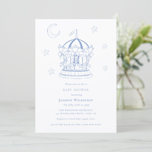 Blue Carousel Moon Stars Baby Shower Invitation 招待状 (スタンド正面)