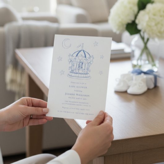 Blue Carousel Moon Stars Baby Shower Invitation 招待状