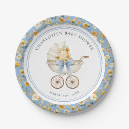 Blue Carriage Floral Baby Shower Plate ペーパープレート