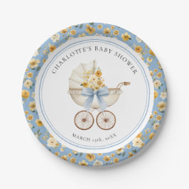 Blue Carriage Floral Baby Shower Plate ペーパープレート