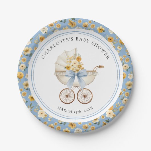 Blue Carriage Floral Baby Shower Plate ペーパープレート (正面)