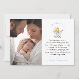 Blue Carriage Photo Baby Shower Thank You Card サンキューカード