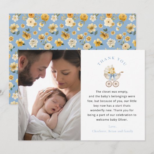 Blue Carriage Photo Baby Shower Thank You Card サンキューカード (正面/裏面)
