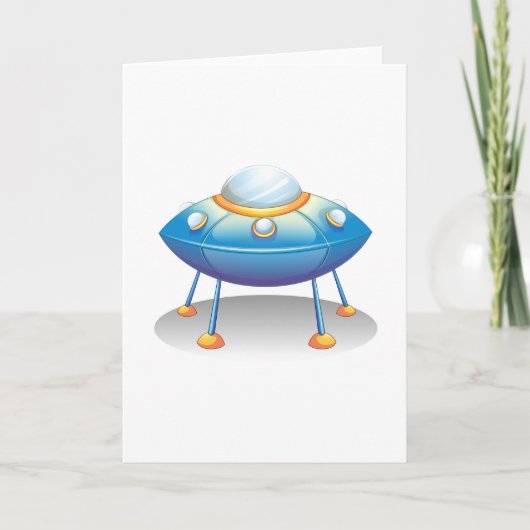 Blue Cartoon UFO Spaceship Fun Sci-Fi カード (正面)