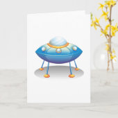 Blue Cartoon UFO Spaceship Fun Sci-Fi カード (黄色い花)