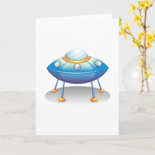 Blue Cartoon UFO Spaceship Fun Sci-Fi カード (黄色い花)