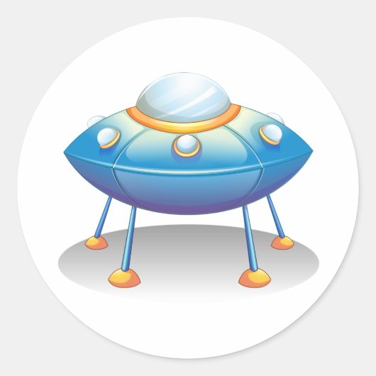 Blue Cartoon UFO Spaceship Fun Sci-Fi ラウンドシール (正面)