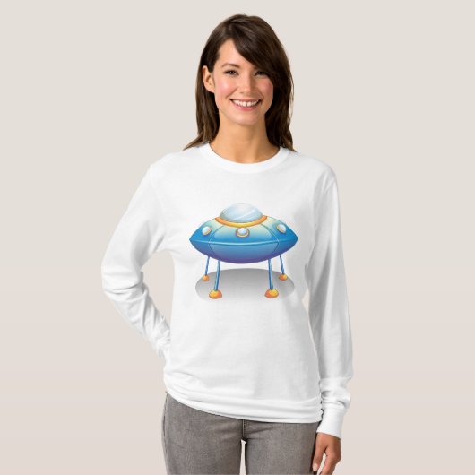 Blue Cartoon UFO Spaceship Fun Sci-Fi Tシャツ (正面フル)