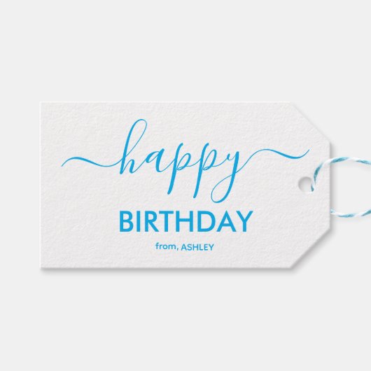 Blue Casual Script Type Happy Birthday ギフトタグ (正面(横))