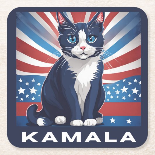Blue Cat for Kamala 2024米国選挙民主党議員 スクエアペーパーコースター (正面)