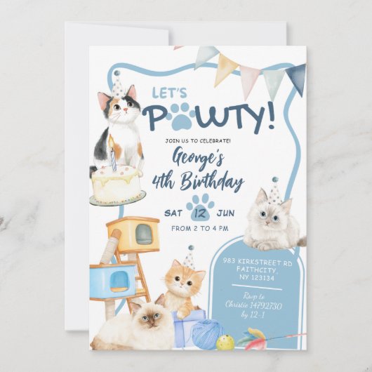 Blue Cat let's Pawty Boy Birthday Invitation 招待状 (正面)