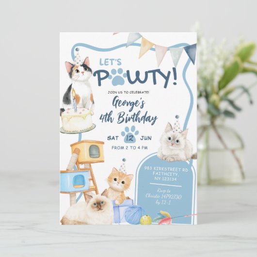 Blue Cat let's Pawty Boy Birthday Invitation 招待状 (スタンド正面)