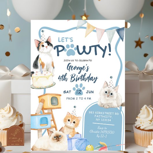 Blue Cat let's Pawty Boy Birthday Invitation 招待状