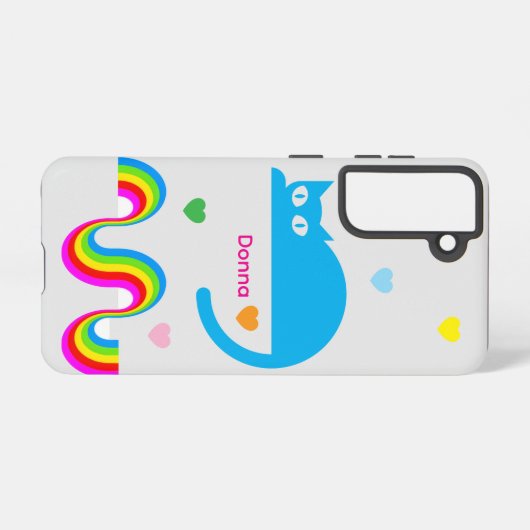 Blue Cat Rainbow Hearts Galaxy Case – Gray Samsung Galaxyケース (裏面横)