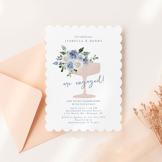 Blue champagne floral engagement party invitation 招待状