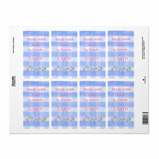 Blue Check Gingham Flowers MADE WITH LOVE  ラベル (フルシート)