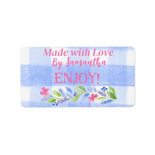 Blue Check Gingham Flowers MADE WITH LOVE H ラベル (正面)