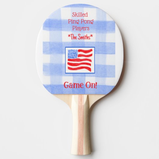 Blue Check Gingham USA Flag Ping Pong Paddle 卓球ラケット (正面)
