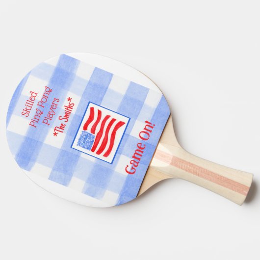 Blue Check Gingham USA Flag Ping Pong Paddle 卓球ラケット (横)