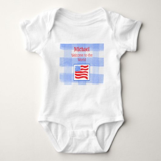 Blue Check Gingham USA Flag WELCOME Baby Clothing ベビーボディスーツ (正面)