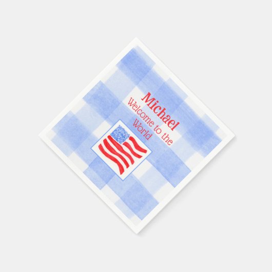 Blue Check USA Flag WELCOME TO THE WORLD スタンダードカクテルナプキン (角)