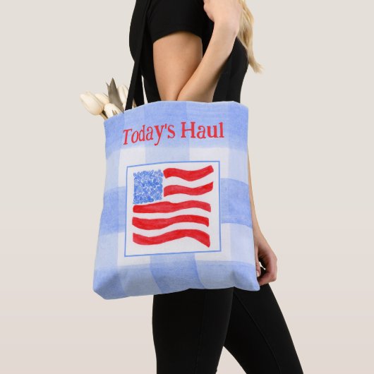 Blue Check Watercolor USA Flag  トートバッグ (クローズアップ)