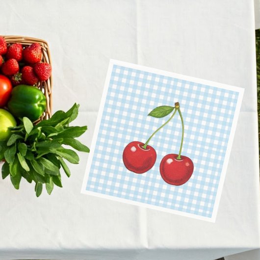 Blue Checked Paper Plates with Cherries for Summer スタンダードカクテルナプキン