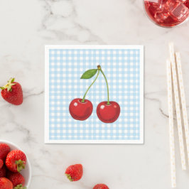 Blue Checked Paper Plates with Cherries for Summer スタンダードカクテルナプキン