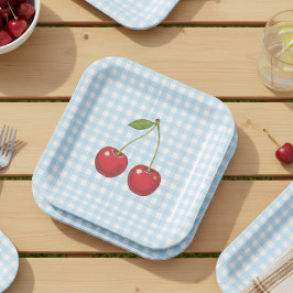 Blue Checked Paper Plates with Cherries for Summer ペーパープレート