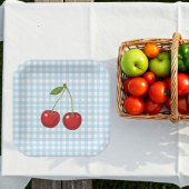 Blue Checked Paper Plates with Cherries for Summer ペーパープレート