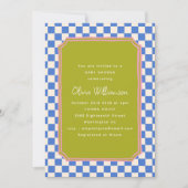 Blue Checker Olive Green Pink Baby Shower 招待状 (正面)