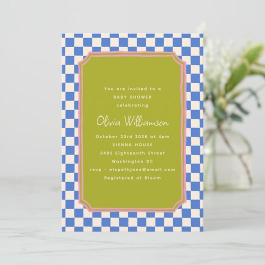 Blue Checker Olive Green Pink Baby Shower 招待状 (スタンド正面)