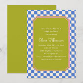 Blue Checker Olive Green Pink Baby Shower 招待状 (正面/裏面)