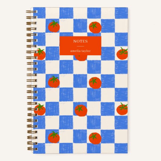 Blue Checker Tomato Pattern Personalized Name ノートブック (正面)