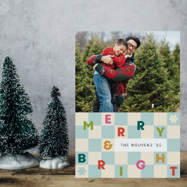 Blue Checkerboard Merry & Bright Christmas Card 招待状