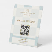  Blue Checkered Croissant QR Bakery Display 台座サイン (正面)