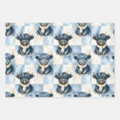 Blue Checkered Highland Cow Cute ラッピングペーパーシート (正面3)
