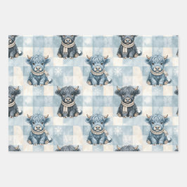 Blue Checkered Highland Cow Cute ラッピングペーパーシート