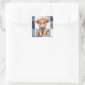 Blue Checkered Highland Cow Cute Gift  スクエアシール (バッグ)