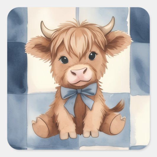 Blue Checkered Highland Cow Cute Gift  スクエアシール (正面)