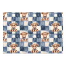 Blue Checkered Highland Cow Cute Gift Wrap