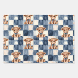 Blue Checkered Highland Cow Cute Gift Wrap ラッピングペーパーシート