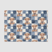 Blue Checkered Highland Cow Cute Gift Wrap 薄葉紙 (正面)