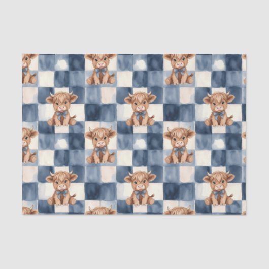 Blue Checkered Highland Cow Cute Gift Wrap 薄葉紙 (正面)
