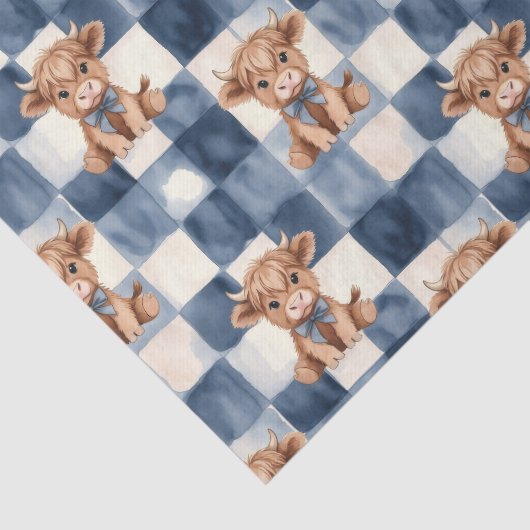Blue Checkered Highland Cow Cute Gift Wrap 薄葉紙 (詳細)