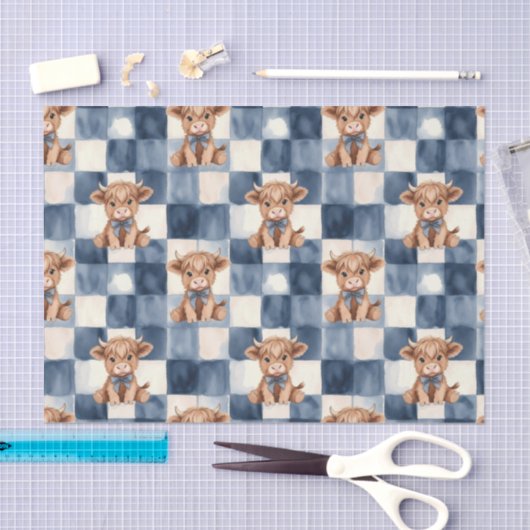 Blue Checkered Highland Cow Cute Gift Wrap 薄葉紙 (クラフト)