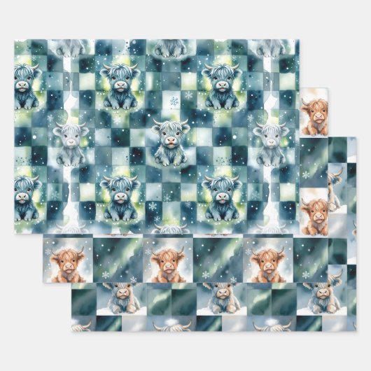 Blue Checkered Highland Cow Snow Winter ラッピングペーパーシート (セット)