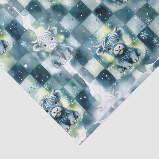 Blue Checkered Highland Cow Snow Winter 薄葉紙 (詳細)