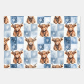 Blue Checkered Highland Cow Snowflake Winter ラッピングペーパーシート (正面2)
