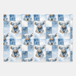 Blue Checkered Highland Cow Snowflake Winter ラッピングペーパーシート
